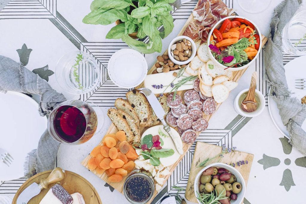 Italian tablescape with Italian salamis and cheeses