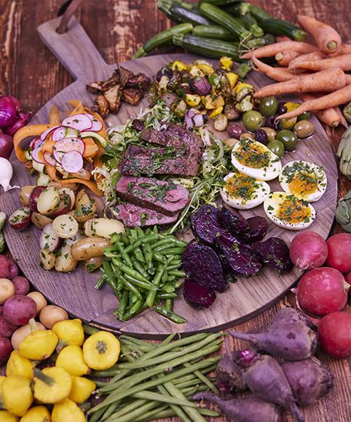 Bourbon-peppercorn Marinated Steak Salad with Soft-boiled Egg and Crispy Artichokes