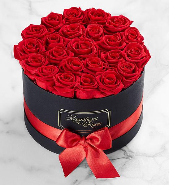 A photo of corporate gifting for the new year with  roses wrapped together by a red bow.